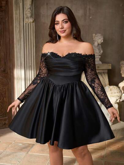 Aureia Vestido maxi elegante y lujoso de talla grande con hombros descubiertos, mangas largas transparentes, parches de encaje y satén plisado, adecuado para bodas, fiestas de solteros, vacaciones, galas, vestido corto formal (muy adornado), Día de San Valentín