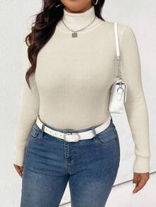 Plus Size Solid Color Casual Versatile Turtleneck Sweater, Autumn/Winter - Apricot - View 4