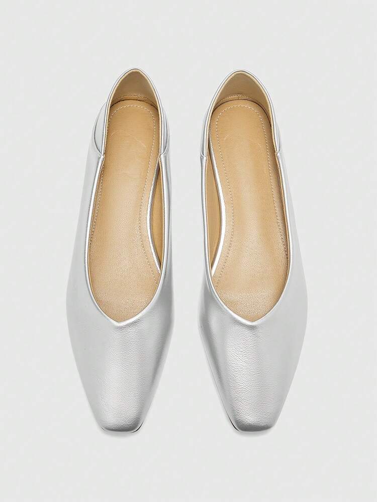 CUCCOO BIZCHIC Women's Silver Square Toe Comfortable Soft Bottom Casual Commuting Versatile Flat Shoes