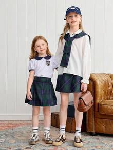 Joliand Joliand 2pcs Tween Girls Elegant College Style Set - White Puff Sleeve Collared Blouse And Green Plaid A-Line Skirt, With Green Plaid Shawl Included. Suitable For Outings, Gatherings, Back To School, Summer And Autumn Preppy Girl Clothes Preppy Tween Girls Sets School Girl Outfit For Women Plaid Skirt Outfit Girls School Uniform Teenage Vintage School Clothes Plaid Skirt Outfits Back To School  School  Clothes School Supplies Backtoschool ColorfulJoy Fall Winter - Multicolor - View 6