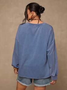 Freevana 大码女式纯色圆领休闲百搭长袖上衣 - 藍色 - 查看 6