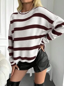 SHEIN Cottnline 女士条纹圆领落肩长袖休闲宽松毛衣，秋冬 - 酒紅色 - 查看 4