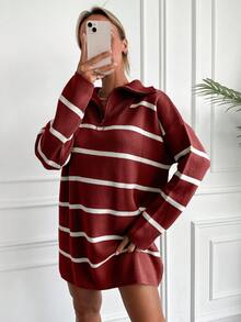 EURMUSE Slouchy Drop Shoulder Zipper Half Placket Striped Sweater - Red - View 5