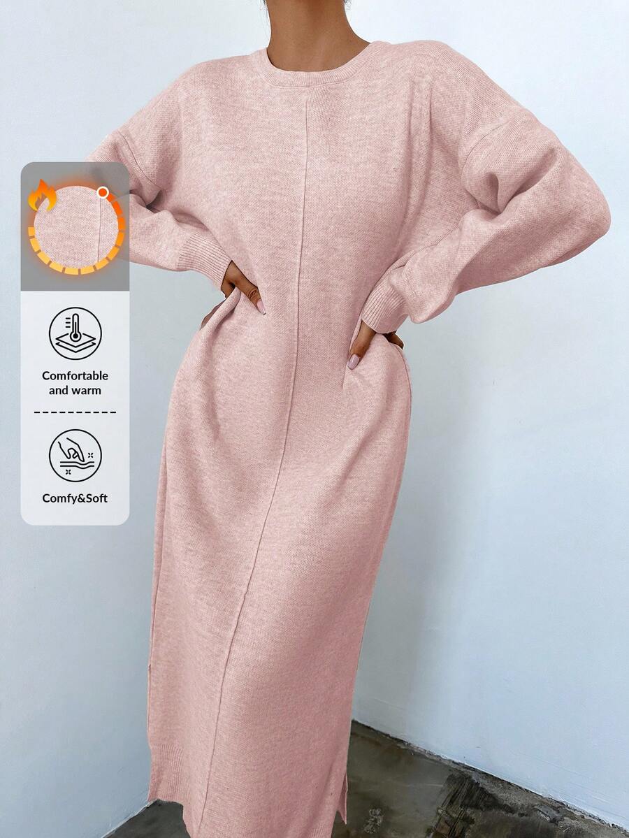 EURMUSE Women's Round Neck Solid Color Drop Shoulder Sweater Dress - Pink - View 1