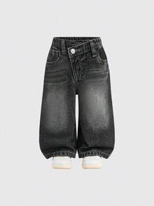 SHEIN 女婴蓝色牛仔毛绒衬里不对称腰部宽松裤 - 深灰色 - 查看 3