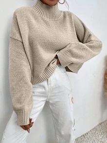 SHEIN Cottnline Drop Shoulder Solid Sweater - Beige - View 5