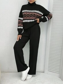 EURMUSE Women's Geometric Pattern High Neck Sweater 2pcs/Set - Black - View 3