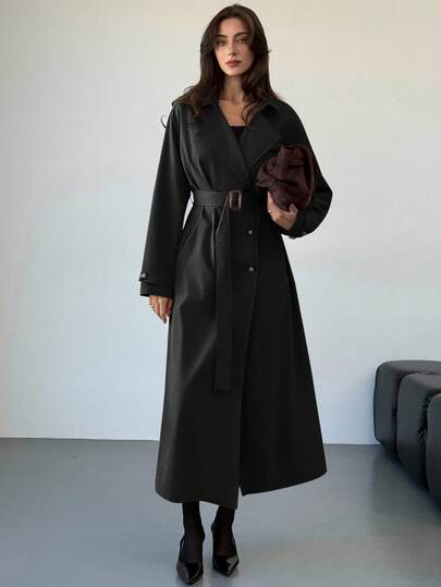 Aloruh 女式纯色前扣系带优雅长袖风衣