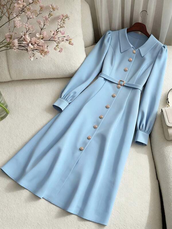 GlowEve 女式优雅纯色单排扣束带连衣裙