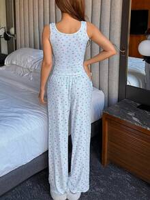 DAZY Conjunto de pijama de camiseta de tirantes y pantalones con estampado de estrellas para mujer - Blanco - View 2