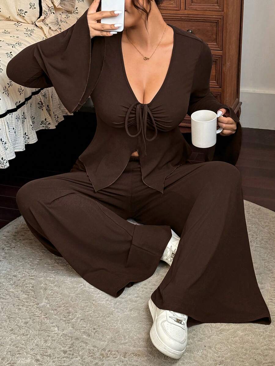 Flirla Plus Size Front Tie Flare Sleeve Fitted Knit Top And Pants 2 Pieces Set - Coffee Brown - View 1