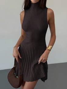 Aloruh 女式简约时尚立领无袖 A 字迷你罗纹针织连衣裙 - 咖啡棕 - 查看 5