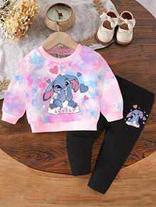 SHEIN 2 件年轻女孩休闲时尚可爱兔子扎染印花圆领运动衫和紧身裤套装，秋冬，甜美可爱的兔子和针线印花连帽衫和黑色紧身裤 2 件套 - 彩色 - 查看 3