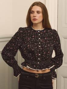 lacRébo Ditsy Vintage Style Floral Print Blouse With Shirred Fitted Waist Button Front Detail And Contrast White Lace Trim - Multicolor - View 5