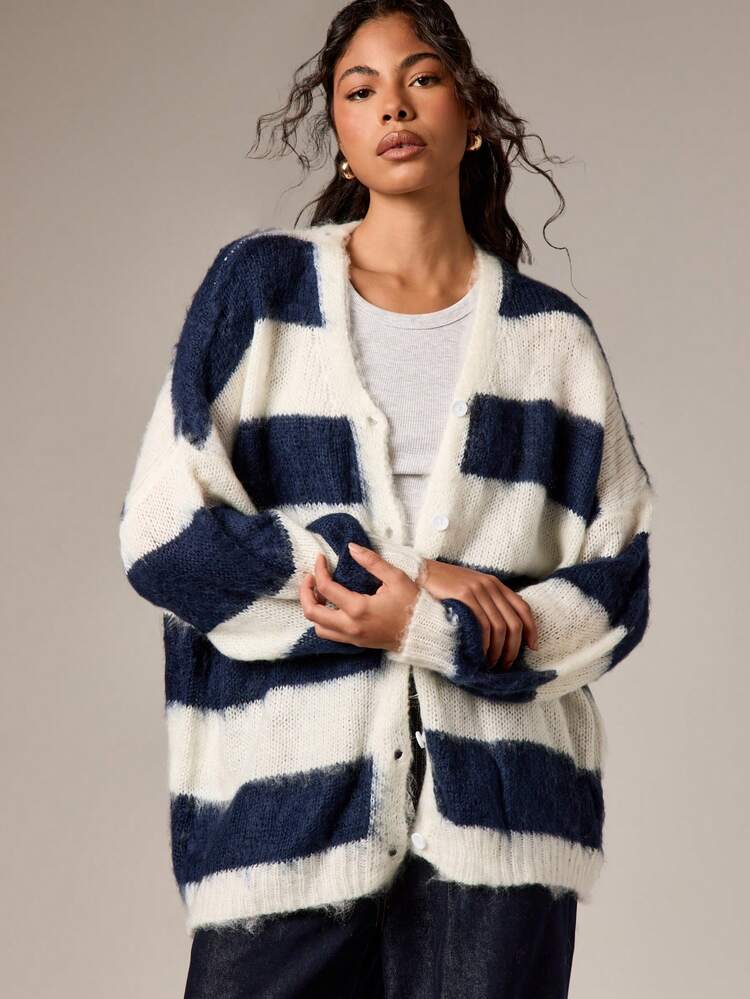 Striped Button Front Cardigan With Long Sleeves