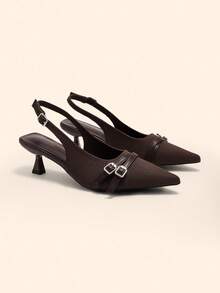 CUCCOO BASICS Giày cao gót mũi nhọn kiểu kitten heel trơn bóng khóa cài thời trang xuân/thu cho nữ, màu đỏ rượu vang - Cà phê nâu - Xem 1