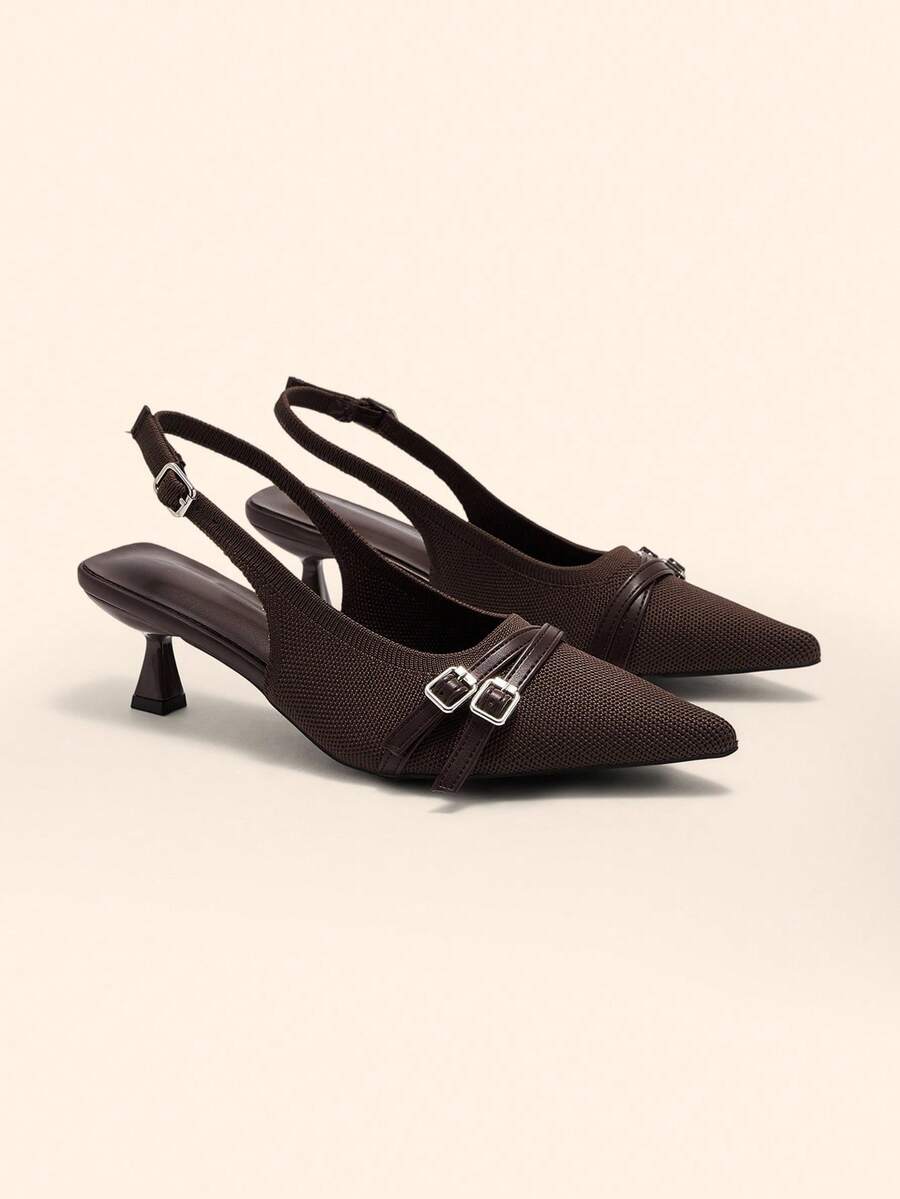CUCCOO BASICS Giày cao gót mũi nhọn kiểu kitten heel trơn bóng khóa cài thời trang xuân/thu cho nữ, màu đỏ rượu vang - Cà phê nâu - Xem 1