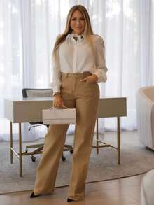 Cioccolato Áo cánh nữ thanh lịch cổ điển có cổ nhún bèo, nơ cổ tay và chi tiết xếp nếp, áo sơ mi công sở dài tay thường ngày mùa thu cho nữ, quần áo dự tiệc mùa đông cho nữ, áo cánh mùa thu cho nữ, trang phục công sở - trắng - Xem 1