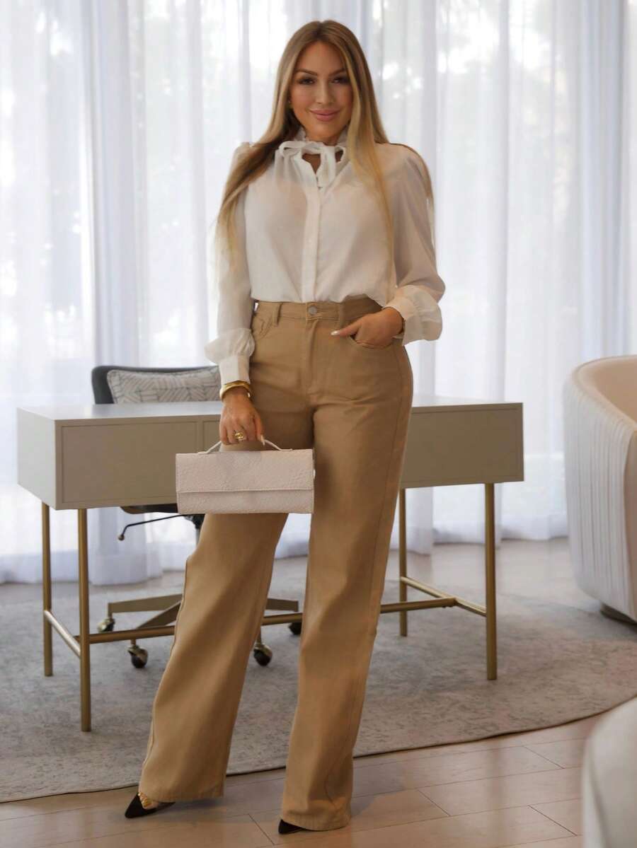 Cioccolato Áo cánh nữ thanh lịch cổ điển có cổ nhún bèo, nơ cổ tay và chi tiết xếp nếp, áo sơ mi công sở dài tay thường ngày mùa thu cho nữ, quần áo dự tiệc mùa đông cho nữ, áo cánh mùa thu cho nữ, trang phục công sở - trắng - Xem 1