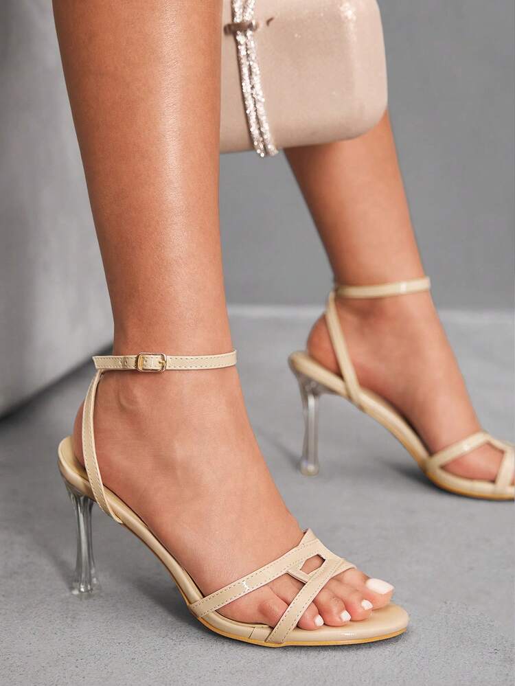 CUCCOO SZL Apricot PU Glass Heel Round Toe Strap Fashionable Sexy Elegant High Heel Sandals