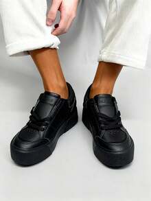 Tenis para hombre resistente sintético transpirable punta redonda con cordones suela gruesa antideslizante estilo urbano cancha tenis - Negro - Ver 3