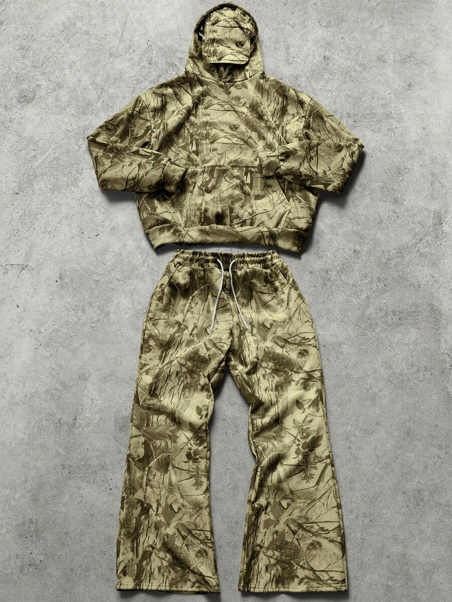 Manfinity EMRG 男士街头风户外探险连帽衫和裤子套装，适合户外露营、日常穿着，可作为男友/老公礼物、周年纪念礼物，冬季适用 - 咖啡棕 - 查看 1