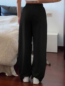 DAZY Women's Solid Color Straight Loose Pocket Drawstring Elastic Waist Sweatpants - Black - View 2