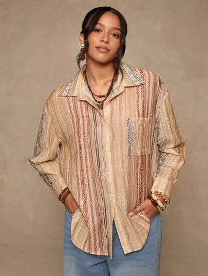 SHEIN VCAY Plus Size Vintage Casual Striped Front Button Down Long Sleeve Shirt, Autumn