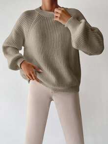 SHEIN Cottnline 女士纯色圆领长袖简约毛衣，休闲日常穿着 - 米色 - 查看 3