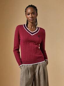 Briarwyn 女士时尚休闲粗针织V领圣诞毛衣 - 紅色 - 查看 4