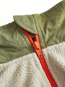 Innovista Chaqueta deportiva de manga larga con cremallera delantera y ajuste holgado de color contrastante para mujer - Caqui - Ver 3