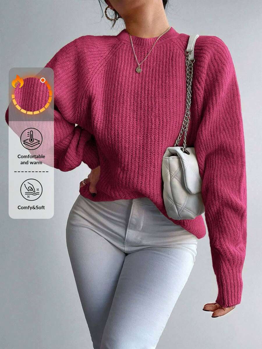 RueChic Jersey unicolor tejido de canalé de manga farol - Rosa Fucsia - Ver 1