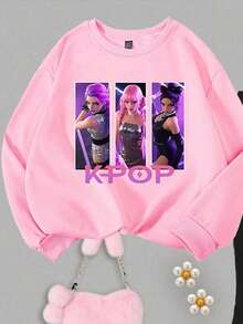 SHEIN ChillGRL 1 Set Girls Casual Cute Cartoon K-POP Girl Pattern Crew Neck Sweatshirt And Flare Pants Outfit, Cozy Fall & Winter Styles