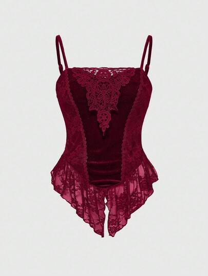 Goth Canotta asimmetrica in velluto e pizzo per Ognissanti scuro