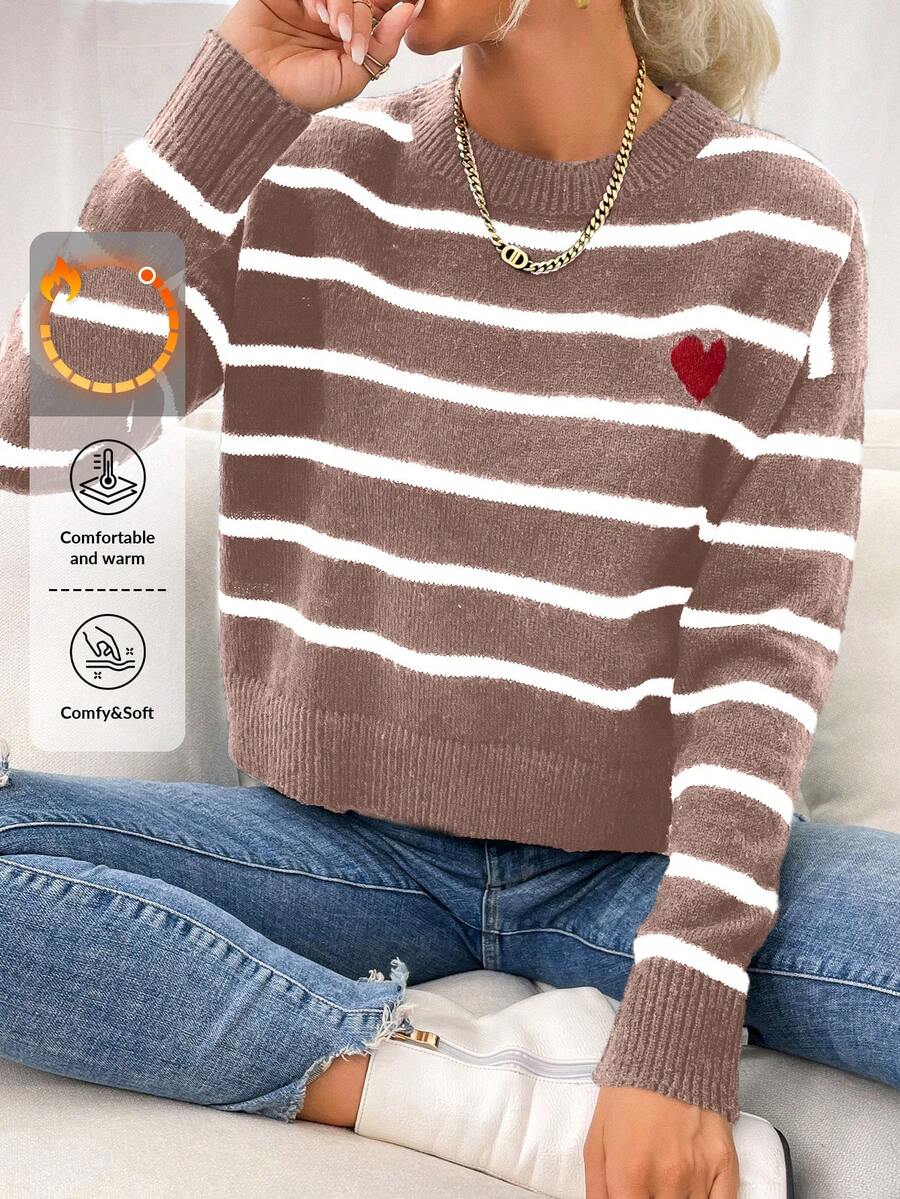 Cloudara Jersey de rayas & con patrón de corazón de hombros caídos - Rosa - Ver 1