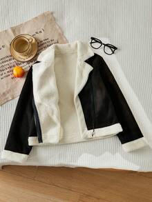 SHEIN 少女休闲百搭保暖外套，斜拉链设计，翻领，毛绒袖口和下摆，适合上学、通勤、外出等场合，可搭配长袖上衣、长裤或运动裤。 - 黑色 - 查看 4