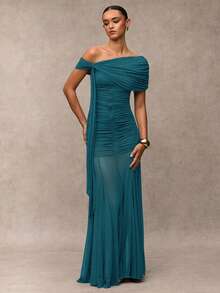 SHEIN BAE Women's Solid Color Ruched Asymmetric Elegant Dress - Teal Blue - View 5