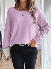 SHEIN LUNE Women's Solid Loose Long Sleeve Knit Pullover Fall Winter Sweater - Mauve Purple - View 4