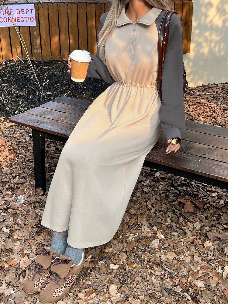 Women's Casual Contrast Color Raglan Sleeve Drawstring Waist Dress, Autumn