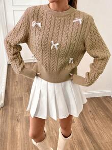 EURMUSE Women Round Neck 3d Ribbon Detailed Cute Textured Sweater Pullover - Beige - View 6