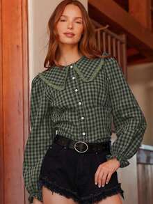 WESTFADE Women Gingham Collar Button Front Fitted Long Sleeve Shirt Cute Fall Country Concert - Olive Green - View 4