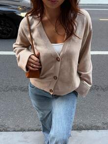 SHEIN Unity Women's Casual Fashionable Versatile Foldover Bell Sleeve Knit Cardigan, Autumn/Winter - Apricot - View 1