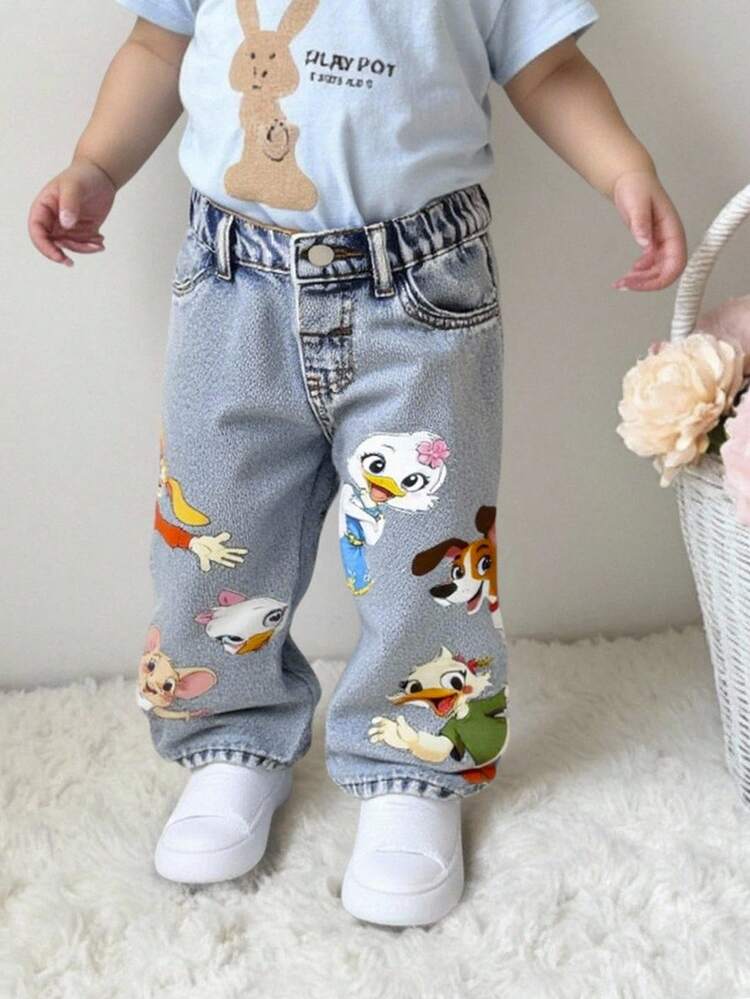 SHEIN Playful Pals بنطلون جينز أطفال بناتي كاجوال صيفي جديد وصول، لون أزرق فاتح، طباعة حيوانات جميلة، قصة فضفاضة وساق مستقيمة، متعدد الاستخدامات للارتداء اليومي والعودة للمدرسة - أزرق فاتح - مشاهدة 6