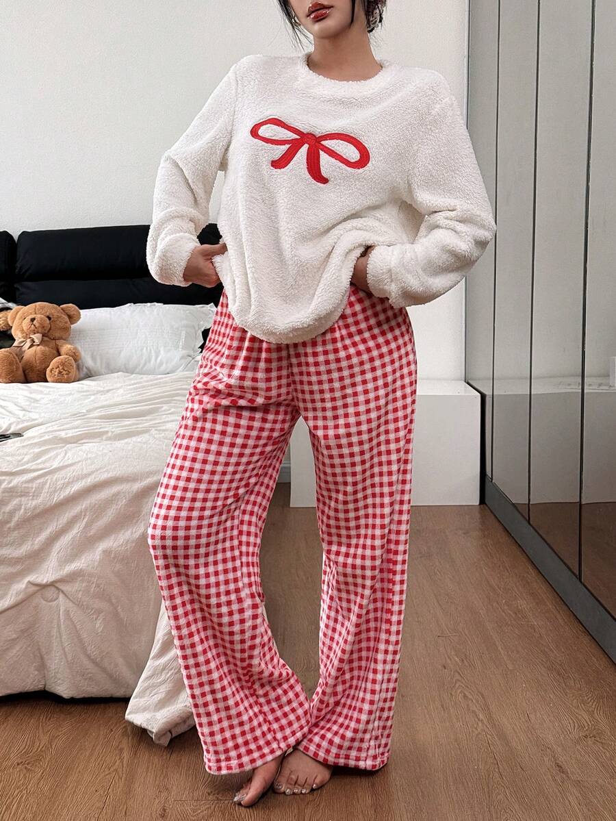 女士清新舒适长袖圆领上衣，饰有蝴蝶结刺绣，搭配格子裤睡衣套装，女士睡衣套装，蓬松冬季服装 - 彩色 - 查看 1