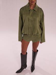 SHEIN BAE Women's Regular Faux Suede Long Sleeve Single Breasted Loose Casual Jacket, For Spring, Women's Pocket Metal Button Short Military Green Jacket Suitable For Spring And Autumn