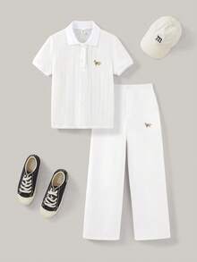 Joliand Joliand 2 pezzi set di camicia polo e pantaloni per ragazze adolescenti, elegante design urbano carino con decorazione a cagnolino, adatto per viaggi, raduni, ritorno a scuola, estate e autunno - Bianco - Visualizzare 8