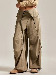 Easelle Casual Pleated Metal Decorative Military Style Vintage Nomadic Wide Leg Sexy Low Waist Women Pants