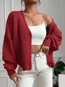 EURMUSE Gilet Cardigan Couleur Unie À Épaules Tombantes - Rouge - Voir 4