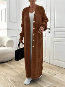 EURMUSE Cable Pattern Sweater Maxi Cardigan - Brown - View 7
