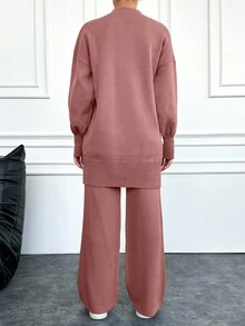 EURMUSE Women's Sparkly Diamond Design Long Sweater And Knitted Pants Two Piece Set - Dusty Pink - View 2